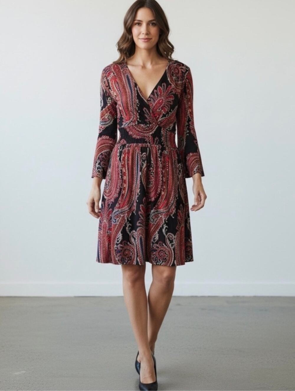 Boston Proper Paisley Print Jersey Dress Small Black Red Flared Bell Sleeve Boho